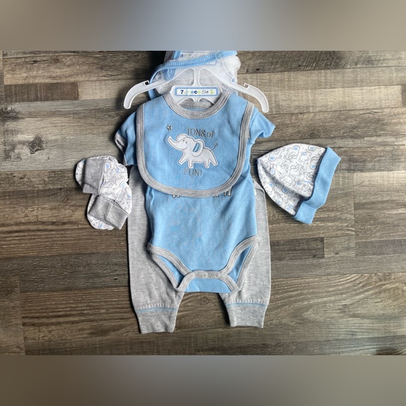100%Cotton Elephant 0-3 M Blue Baby 7 Piece Set - Picture 6 of 12
